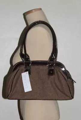 NWT Minicci Brown Herringbone Tweed & Patent Leather Dual Strap Satchel Handbag • $15.99