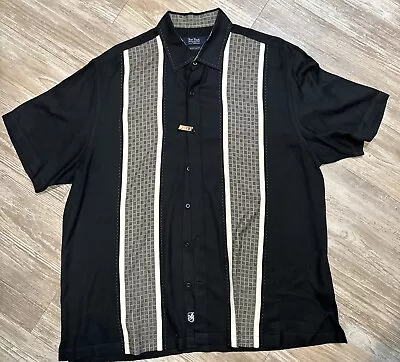 Nat Nast Mens XL 100% Silk Bowling Button Up Camp Shirt Stripe Tan Brown Black • $45.99