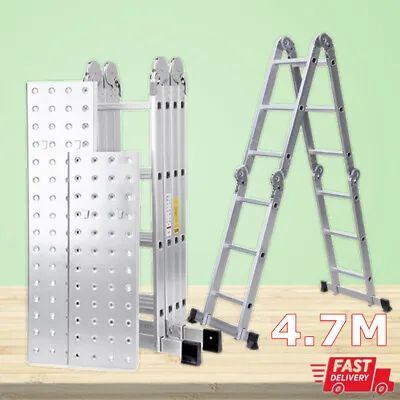 4.7M Aluminium Multi-Function Telescopic Folding Ladder With 2 Scaffold Platform • £117.97