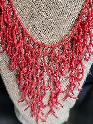 Vintage Seed Bead Beaded Necklace Shaped Like Red/Orange Branch Coral  • $19.99