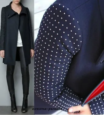 A328 Zara Coat Navy Blue Studded Applique Sleeve Winter Blazer Jacket - Xs • £155.99