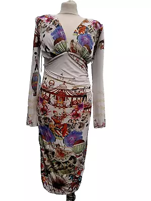 Kevan Jon Plunge Midi Pencil Wiggle  Dress Size 3 UK 12 Circus Print • £85