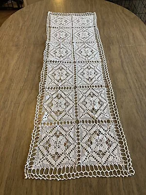 Vintage White Homemade Crochet Table Runner Dresser Scarf Doily Farmhouse • $28