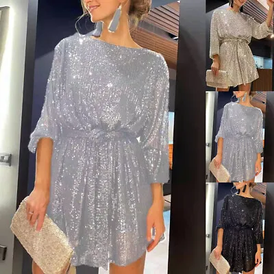 Womens Sequin Shirt Dress Long Sleeve Evening Prom Party Cocktail Mini Dresses • £17.39