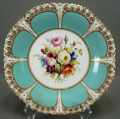 Sampson Bridgwood Hand Painted Floral Turquoise & Gold Pierced Plate C.1885 • £237.03