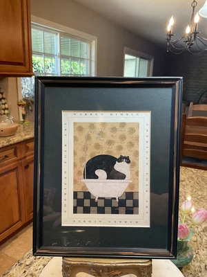 $28 • Buy Vintage Warren Kimble Framed American Folk Art Print Fat Cat Black Tuxedo Cat