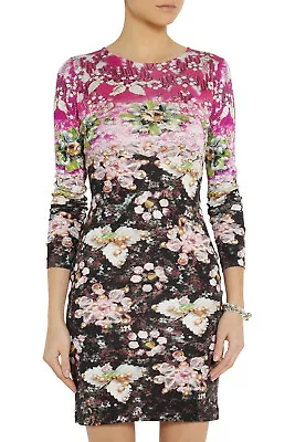 $125 • Buy MARY KATRANTZOU NEW Fuschia Pink Black Floral Jewel Print Silk LS Mini Dress S