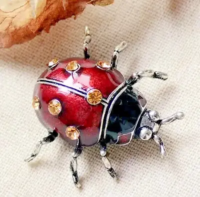 Ladybird Red Black Enamel  Vintage  Pin  Insect Brooch Jewelry Citrine Crystal • £5.60