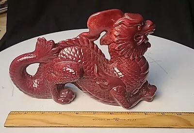 Vintage 9.5 ” Red Glazed Ceramic Chinese Dragon Figurine • $20