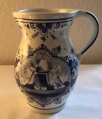 Delft Blue - Hand Painted Windmill Floral Water Juice 6 1/2  Handled Pitcher Jug • $18.71