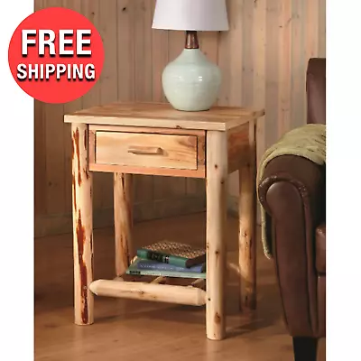 Side End Table Natural Pine Wood Farmhouse Log Stand Cabin Drawer Home Furniture • $190.75