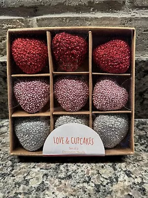 LOVE AND CUPCAKES  SET OF 9 SPARKLING HEART DECORATIONS VALENTINES New In Box • $26.96