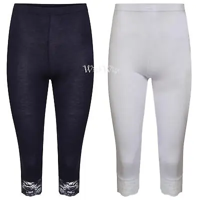 New Women's Cropped 3/4 Knee Length Lace Trim Ladies Jersey Leggings Size 8-14 • £7.99