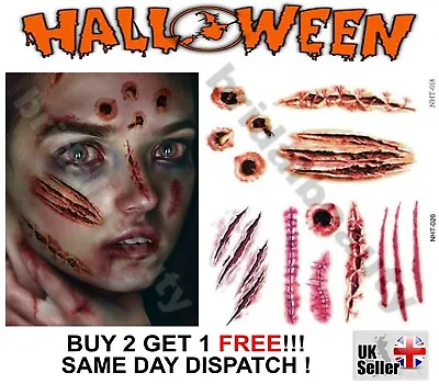 Halloween Zombie Scars Stitches Blood Temporary Tattoos Costume Wound Make-Up • £2.49