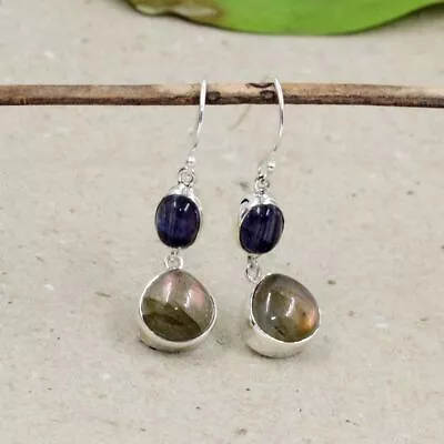 Natural Fire Labradorite Gemstone Dangle Handmade Earring 925 Silver Jewelry • $22.99