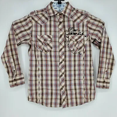 Manchester Shirt Mens Medium LTD Western Pearl Snap Tan Plaid Embroidered M  • $4.49