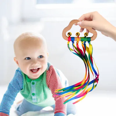 Color Baby Sensory Ribbon Ring Toy Teething Wood Grip Training • £6.27