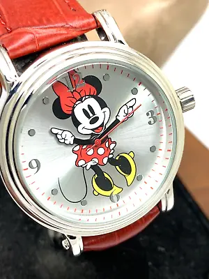 Disney Women's Watch W001877 Minnie Mouse Quartz Silver 38mm Red Leather Strap • $29.67