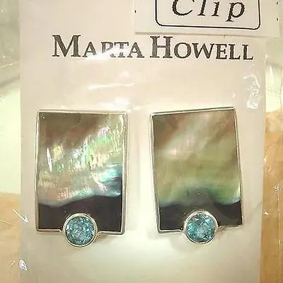 Marta Howell 925 Silver BlackLip Mother Of Pearl Blue Topaz Clip-On Earrings #2 • $140