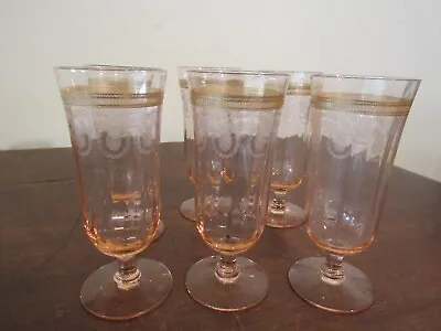 6 Vintage Morgantown Morgana Pink Gold Decal #329 Champagne Parfait Glasses • $81