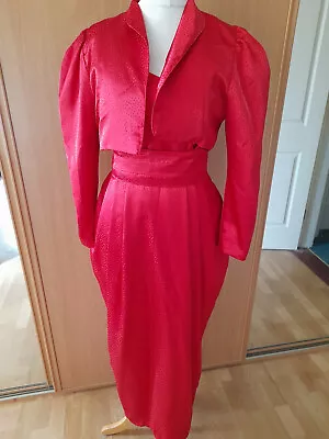 Vintage 1980s Handmade Red Satin Long Evening Prom Dress & Bolero Sz 10 Retro • £9