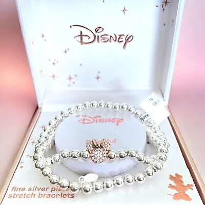 Disney Minnie Mouse Bowtiful Fine Silver-Plated Double Stretch Bracelets W/Charm • $29.99