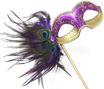 £16.95 • Buy Purple & Gold Mask Peacock Feathers Venetian Masquerade Ball Hand Held On Stick