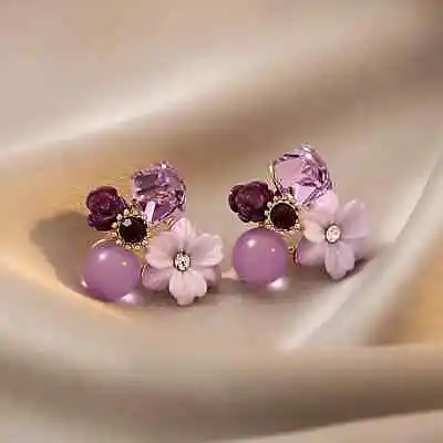 Retro Purple Pink Crystal Flower Earrings Exquisite Women Fashion Girl Gift New • $15.98