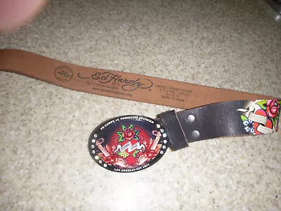 Ed Hardy By Christian Audigier Blk Enamel Belt & Buckle Tattoo Eternal Love EUC • $24.99