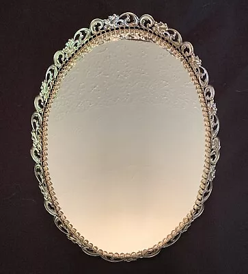 VTG VANITY PERFUME TRAY MIRROR Brass Brushed White Filigree Edges 13.5” X 9.5  • $23.99