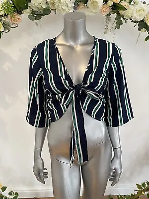 $11.91 • Buy Influence Blouse Top Tie Front Navy Stripe Size 8,10,12,14 Cropped NEW GA22 