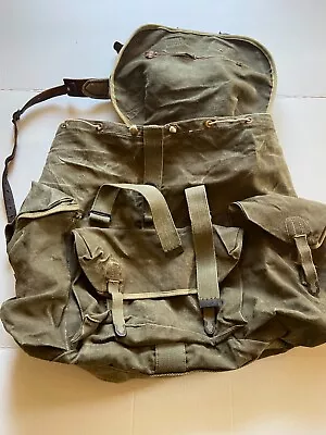 Vtg  Army Military Backpack  Canvas & Leather In Good Condition • $59