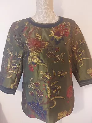 Olive Green Gold Red Floral Top By Scotch & Soda Maison Scotch Silk Soiree Sz12 • £24.99