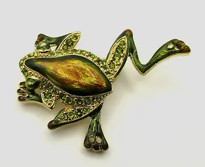 Vintage Climbing Tree Frog Pave Green Rhinestones Enamel Gold Tone Brooch Pin • $5