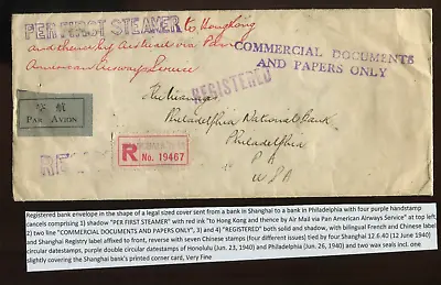 1940 Registered Bank Cover Shanghai To Usa Per 1st Steamer & Clipper Airmail • $349.99