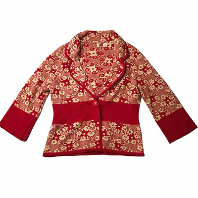 Anthropologie Moth Sweater Cardigan Red Beige Floral Flower Button Cotton Medium • $135.96