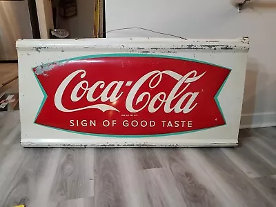 C.1960s Original Vintage Coca Cola Sign Metal Embossed Fish Tail HUGE Robertson  • $599