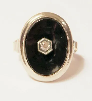 Vintage Mine Cut Diamond Concave Cut Black Onyx 14K White Gold Ring Size 3.5 • $299