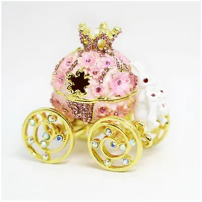 $15.99 • Buy Bejeweled Enameled Trinket Box/Figurine With Rhinestones-Pink Bunny Carriage