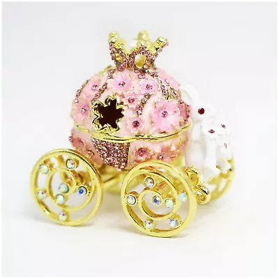 $15.99 • Buy Bejeweled Enameled Trinket Box/Figurine With Rhinestones-Pink Bunny Carriage