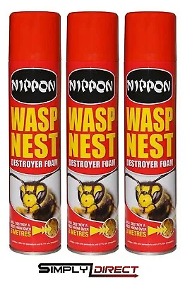 3x Nippon Wasp Nest Destroyer Foam Killer Spray Covers 3metres 300ml  • £19.50