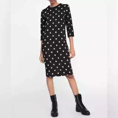 Zara Black Polka Dot Dress Small S Knee Length Knit Stretch 3/4 Sleeve Pull Over • £33.64