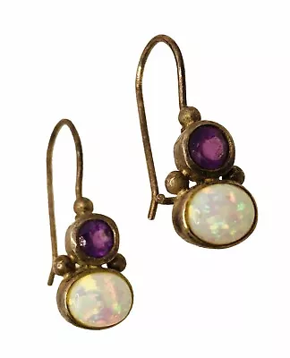 925 Sterling Silver Faceted Amethyst Opal Cabochon Drop Earrings Mexico Artisan • $68.95