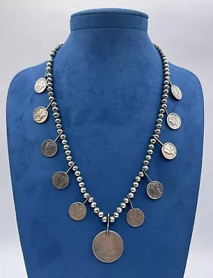 Vintage 925 Sterling Silver Mercury Dimes & Barber Half Dollar Ball Necklace • $3.25