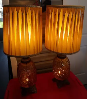 Vintg MCM Pair Mid Century Modern Amber Glass Table Lamp Retro Hollywood Regency • $387.55
