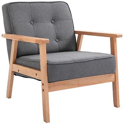 HOMCOM Accent Chair Linen Armchair W/ Armrests For Living Room Grey Natural • £82.99