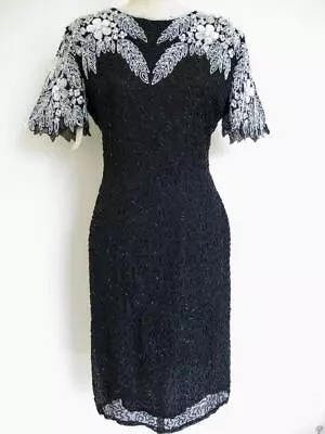 Vintage NOS 80s Beaded Silk Trophy Dress M Black White Cutout Back Sequin Flower • $69.99