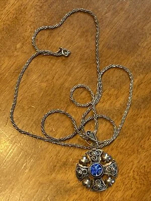 $99.95 • Buy Vtg 950 Sterling Silver Maltese Cross W/ Blue Topaz On 28  900 Chain Necklace A1