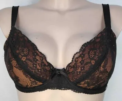 Charnos Hourglass Plunge Underwired Bra Gr.70E UK 32DD Black Lace Bronze Padded • £28.50