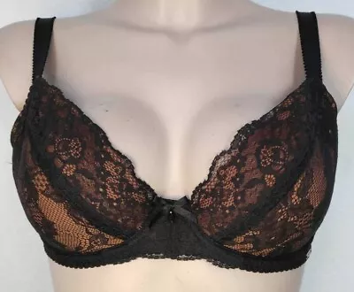 Charnos Hourglass Plunge Underwired Bra Gr.70F UK 32E Black Lace Bronze Padded • £28.50